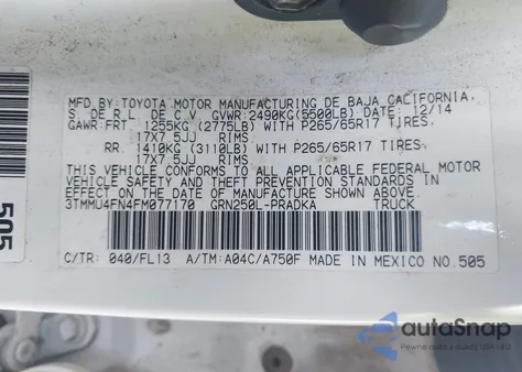 2015 Toyota Tacoma Base V6 z USA, uszkodzony, nr VIN 3TMMU4FN4FM077170